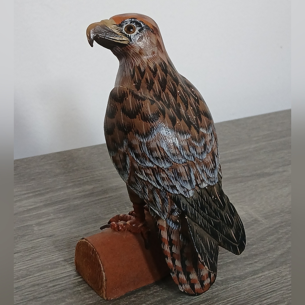 Wood Carved Falcon Hawk Bird Hand Painted Figurine Perched On Wood Base 6"